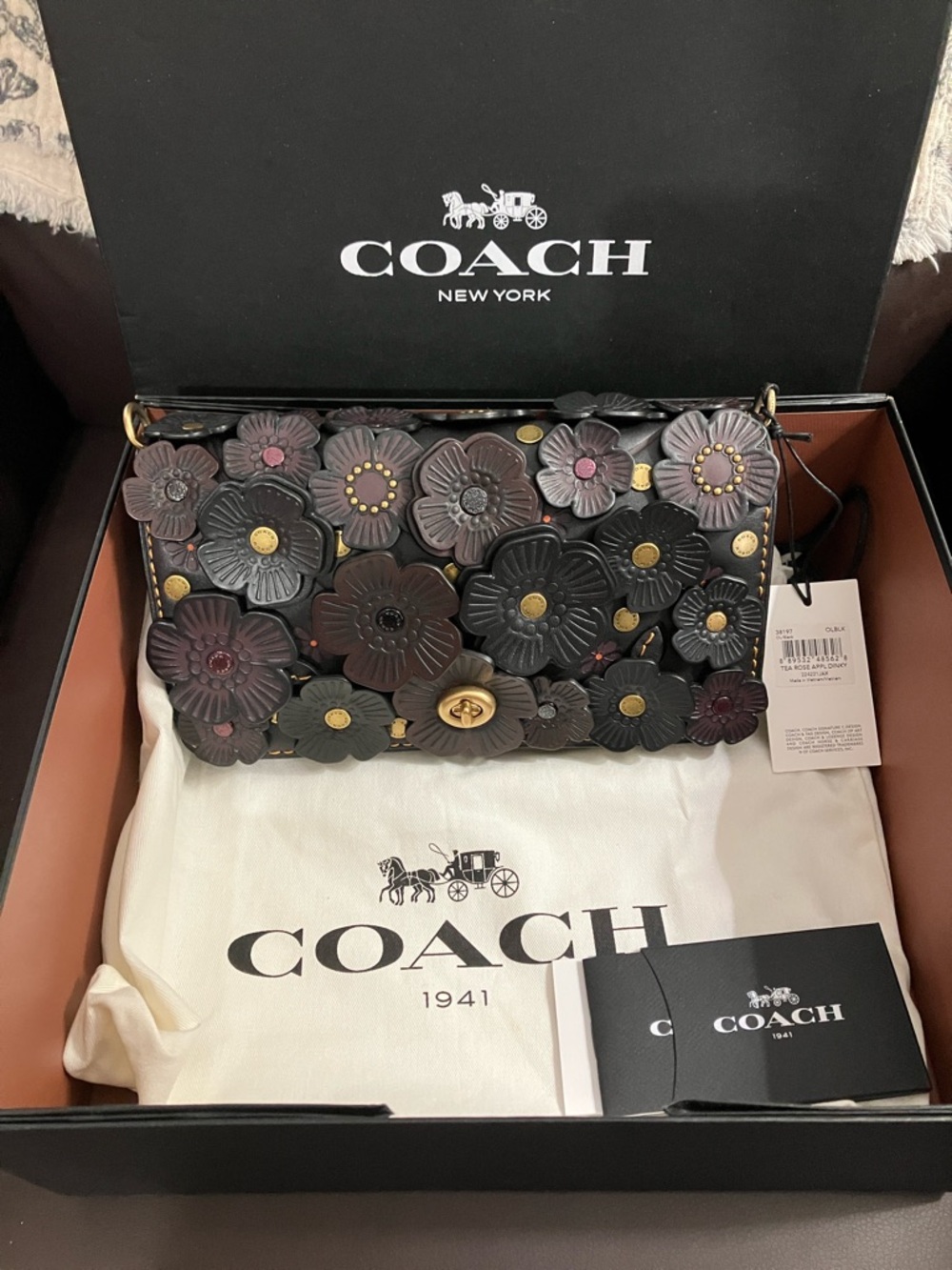 Coach 1941 Tea Rose Dinky Floral Appliqué Crossbody Bag - Black & Oxblood